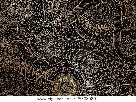 Mandala Movement In Golden Lines On Black Background. Vector Illustration