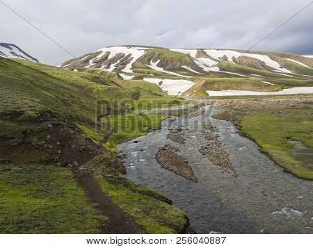 Summer Landscape With Colorful Green And Orange Moss Meadow With Hot Springs And Snow Covered Rhyoli