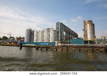Zaanse Schans, Netherlands, August 19, 2015 - Industrial Area With Containers, Pipes, Tube And Crane