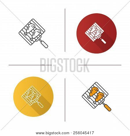 Hand Grill With Chicken Legs Icon. Grilled Turkey Drumsticks. Flat Design, Linear And Color Styles. 