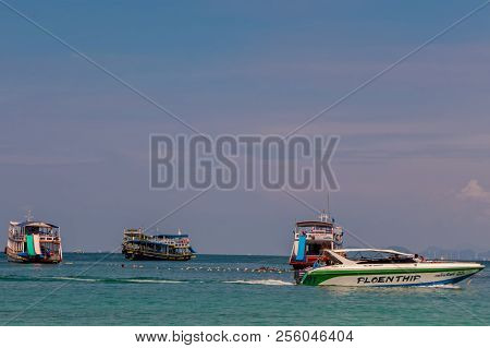 Koh Sak, Thailand - October 23, 2016: These Are Some Boats In Front Of A Beach In Koh Sak. It Is A S