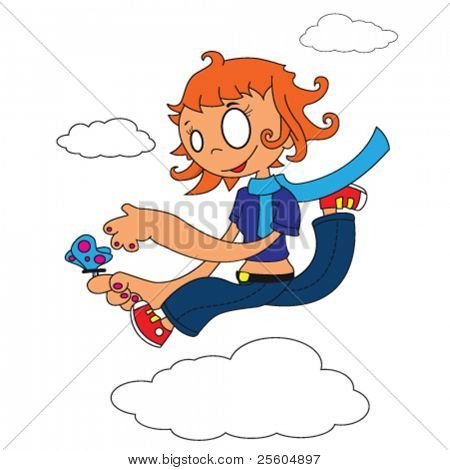 Desenho de uma menina pulando de uma nuvem Cartoon