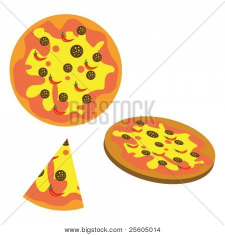 ilustração de pizza inteira e uma fatia