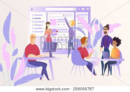 Social Network Development Cartoon Vector Concept With Programers Or Web Developers Team Working Tog