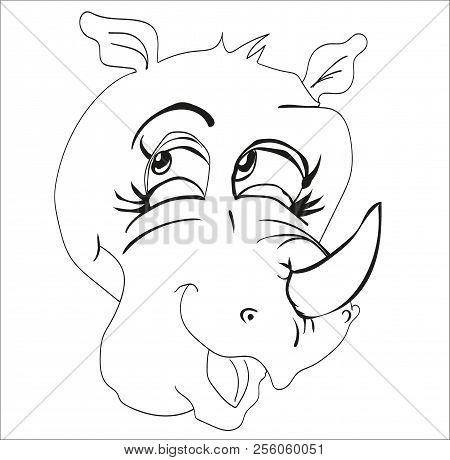 Rhinoceros Cartoon Painted Lines, Playful Look Up, Cheerful Muzz