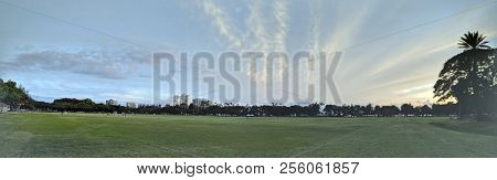 Panoramic View Of Kapiolani Park At Dusk On Oahu, Hawaii.