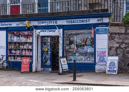 Queensferry, Scotland, Uk - June 14, 2012: Blue And White Painted Facade Of Town Cryer Tobacconist O