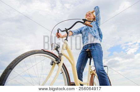 Enjoy Cycling Cruiser Bike. Woman Feels Free While Enjoy Cycling. Most Satisfying Form Of Self Trans