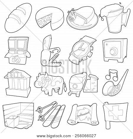 Switzerland Itravel Icons Set. Outline Cartoon Illustration Of 16 Switzerland Travel Icons For Web