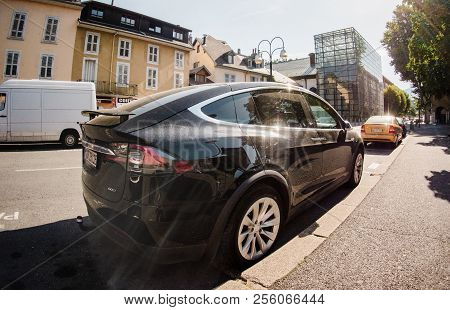 Chambery, France - Circa 2018: Rear View Of Luxury Tesla Model X Electric Car Suv Parked On French S