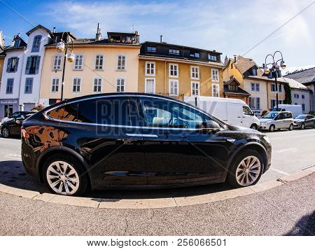 Chambery, France - Circa 2018: Modern Luxury Tesla Model X Electric Car Suv Parked On French Street 