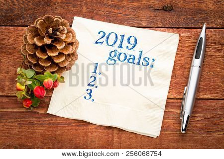 2019 year goals list on a napkin on a wood table with  season decoaration