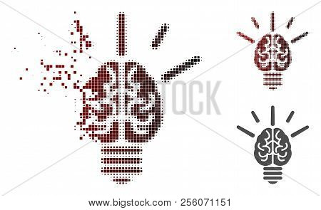 Brain Idea Bulb Icon In Sparkle, Pixelated Halftone And Undamaged Whole Versions. Fragments Are Orga