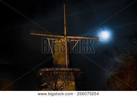 Big Moon Over The Windmill In Eiden, Netherlands