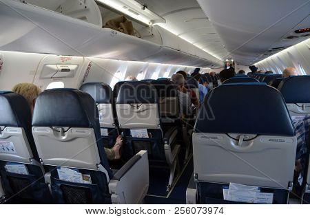 View in the passenger cabin of the Nordica liner during the flight Tallinn-Oslo. June 13,2018. Tallinn,Estonia