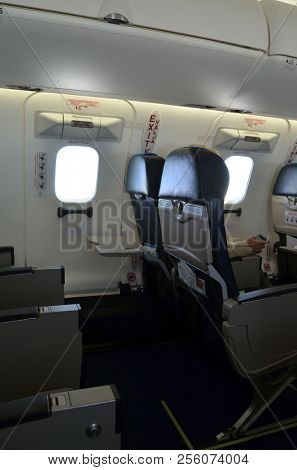 View in the passenger cabin of the Nordica liner during the flight Tallinn-Oslo. June 13,2018. Tallinn,Estonia