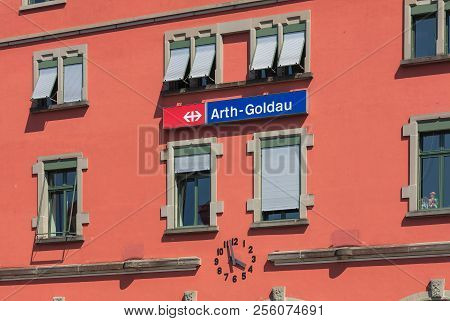 Arth, Switzerland - July 19, 2018: Facade Of The Building Of The Arth-goldau Railway Station. Arth-g
