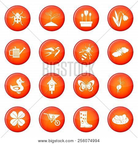 Spring Icons Set Of Red Circles Isolated On White Background