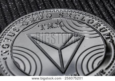 A Fragment Of The Coin Cryptocurrency Tron Closeup. Trx Macro.
