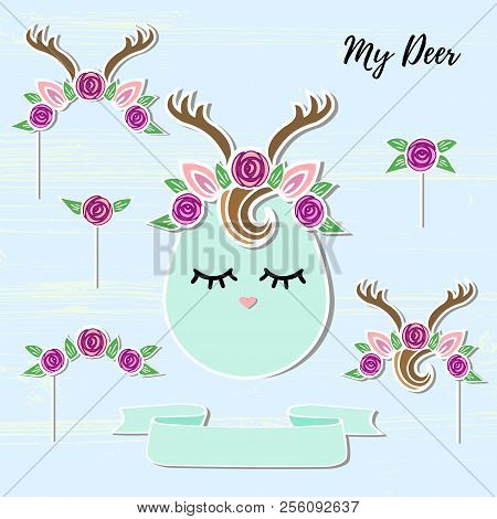 Vector Set With Deer, Headband, Antler, Flower Wreath. Deer Symbols As Patch, Stick Cake Topper, Sti