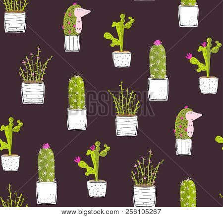 Cactus Succulents And Hedgehog Cute Background Print Pattern.