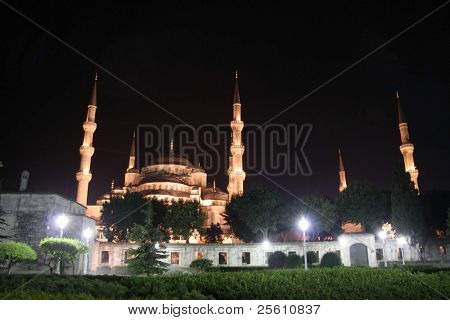 Modrá mešita minarety v noci, Tulip, istanbul, Turecko
