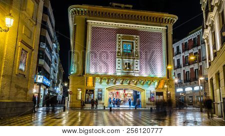 Granada, Spain - February 21, 2015: Night View Of The Main Facade Of Aliatar Cinema (cine Aliatar),