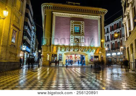 Granada, Spain - February 21, 2015: Night View Of The Main Facade Of Aliatar Cinema (cine Aliatar),