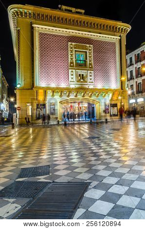 Granada, Spain - February 21, 2015: Night View Of The Main Facade Of Aliatar Cinema (cine Aliatar),