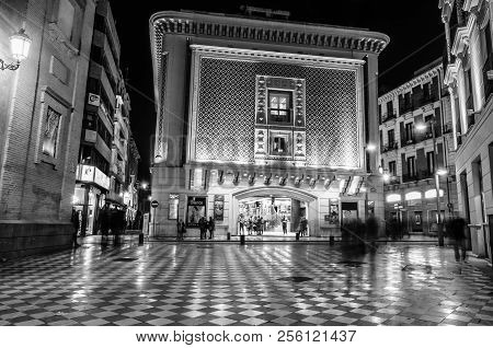 Granada, Spain - February 21, 2015: Night View Of The Main Facade Of Aliatar Cinema (cine Aliatar),