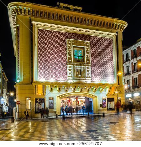 Granada, Spain - February 21, 2015: Night View Of The Main Facade Of Aliatar Cinema (cine Aliatar),