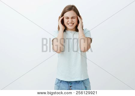She Cannot Handle Pressure During Mid Terms. Displeased Intense Woman Suffering From Headache, Migra