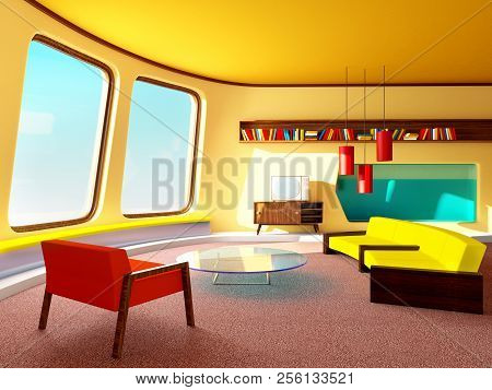 Living Room In Retrofuturism Style. 3d Illustration.