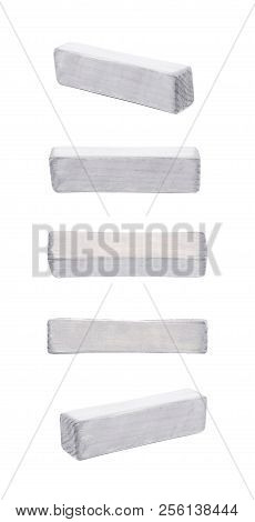 Hyphen Dash Symbol Sawn Of Wood And Paint Coated, Isolated Over The White Background, Set Of Five Di
