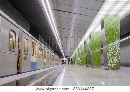 Moscow, Russia - August, 31, 2018: subway train on the station  Ramenky in Moscow, Russia