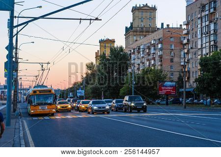 Moscow, Russia - August, 28, 2018: trolleybus on Berezhkovskaya embankment in Moscow, Russia