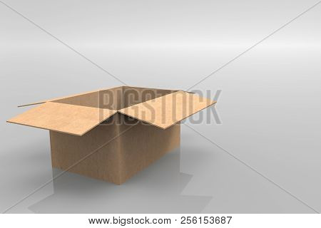 3d Rendering. Opened Empty New Paper Borwn Box On Copy Space Gray Background.