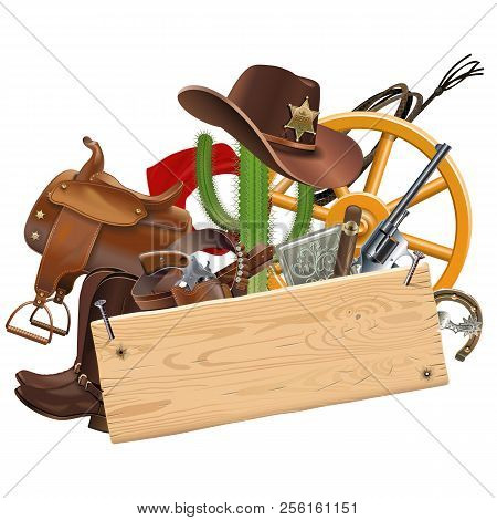 Vector Cowboy Concept With Wooden Plank Isolated On White Background