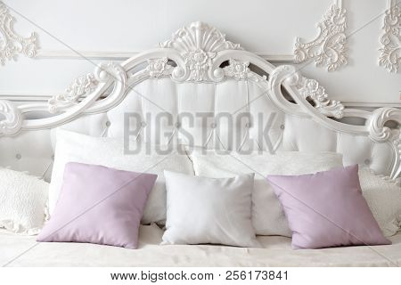 Classic Bedroom With White Bed, Carriage-bed, Pillows For Head.