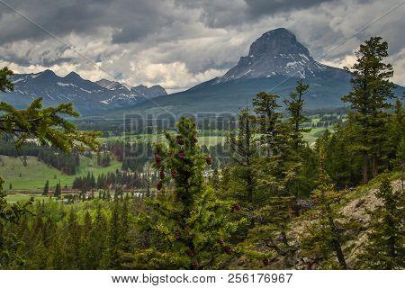 Majestic Crowsnest Mountain In Southern Canada From Blairmore Rainbow Falls Viewpoint