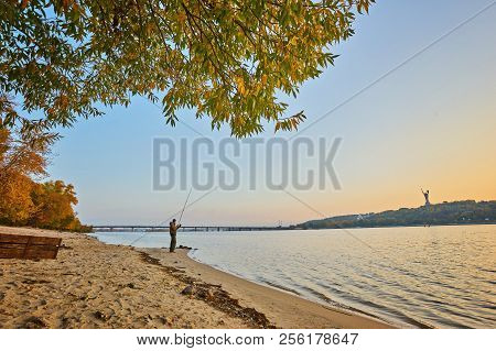 Autumn Park, City Panoramic View, Paton Bridge With Blue Sky And Clouds. Kiev