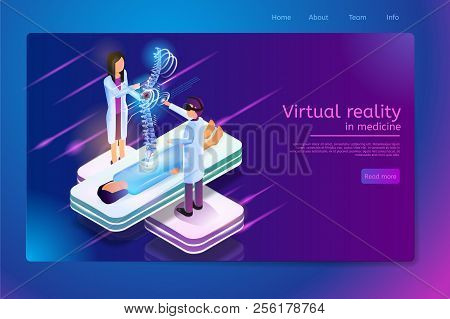 Virtual Reality In Medicine Isometric Web Banner With Doctor In Vr Goggles Diagnoses Patients Spine 