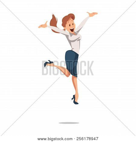 Office Fun. Woman Office Workers Jumping Up. Corporate Culture In Company. Cheerful Working Day. Hap