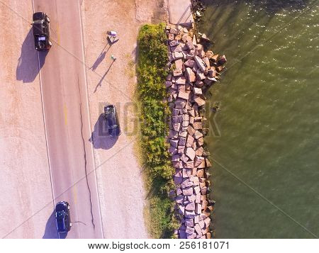 Aerial view banks of famous Texas City Dike, a levee that projects nearly 5miles south-east into mou
