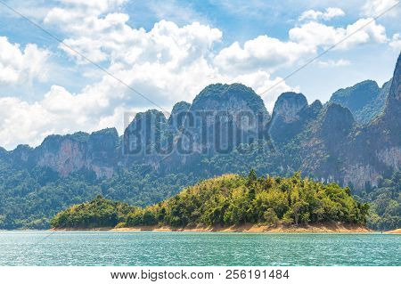 Beautiful Nature At Cheow Lan Lake, Ratchaprapha Dam, Khao Sok National Park In Thailand In A Summer
