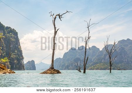 Beautiful Nature At Cheow Lan Lake, Ratchaprapha Dam, Khao Sok National Park In Thailand In A Summer