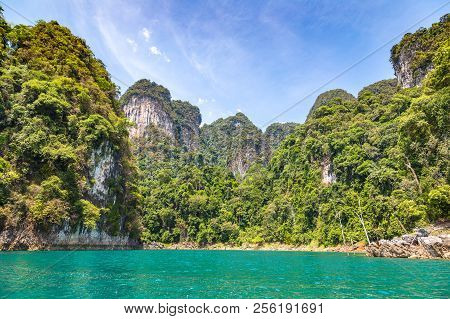 Beautiful Nature At Cheow Lan Lake, Ratchaprapha Dam, Khao Sok National Park In Thailand In A Summer