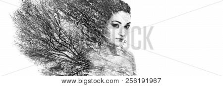 Double Exposure Portrait Of Attractive Woman Combined With Photograph Of Tree Or Branches, Surreal P