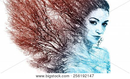 Double Exposure Portrait Of Attractive Woman Combined With Photograph Of Tree Or Branches, Surreal P