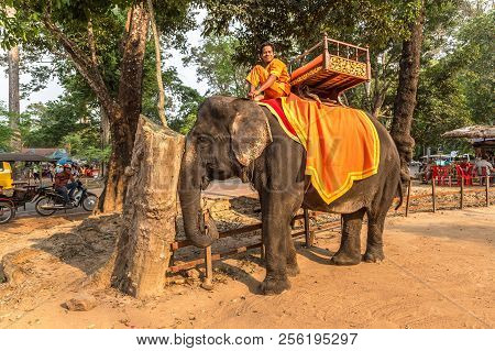 Angkor Wat, Cambodia - March 15, 2018: Tourists Ride An Elephant At The Area Of Angkor Wat, Near Sie